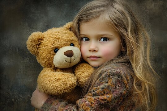 closeup of Cute little girl hugging a teddy bear Safe Toys and Gifts Month concept