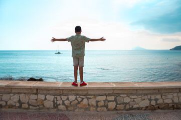 Young boy embracing the freedom of the seaside horizon