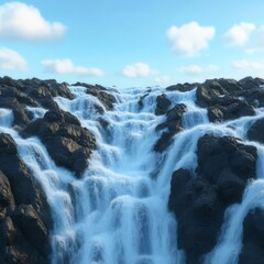 Obraz premium Close-up of waterfall, water rushing over jagged rocks, 3D illustration