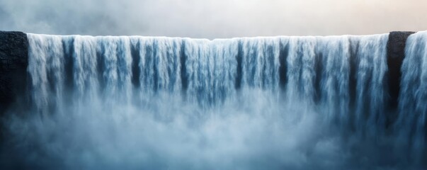 Dynamic water movement in towering waterfall, misty atmosphere, 3D illustration