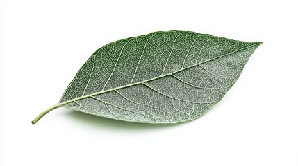 Obraz premium A single green leaf with intricate veins, placed flat on a clean white background to highlight its details.
