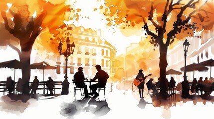 Watercolor painting of a bustling outdoor cafe scene with people enjoying coffee and music.