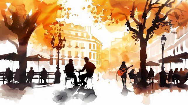 Watercolor painting of a bustling outdoor cafe scene with people enjoying coffee and music.