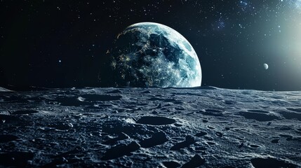 A view of Earth from the surface of the moon, with stars and the sun in the background.