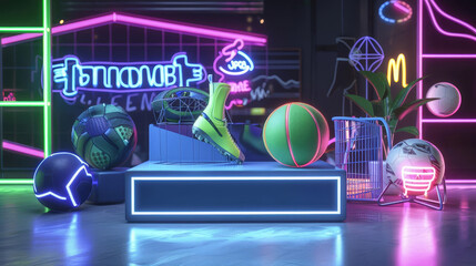 Neon sign with sports equipment and shoes
