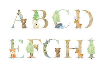 Watercolor animals letters.
