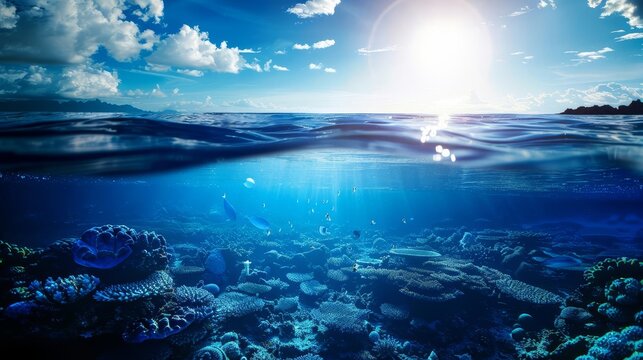 Stunning split view of the ocean surface and vibrant coral reef below.