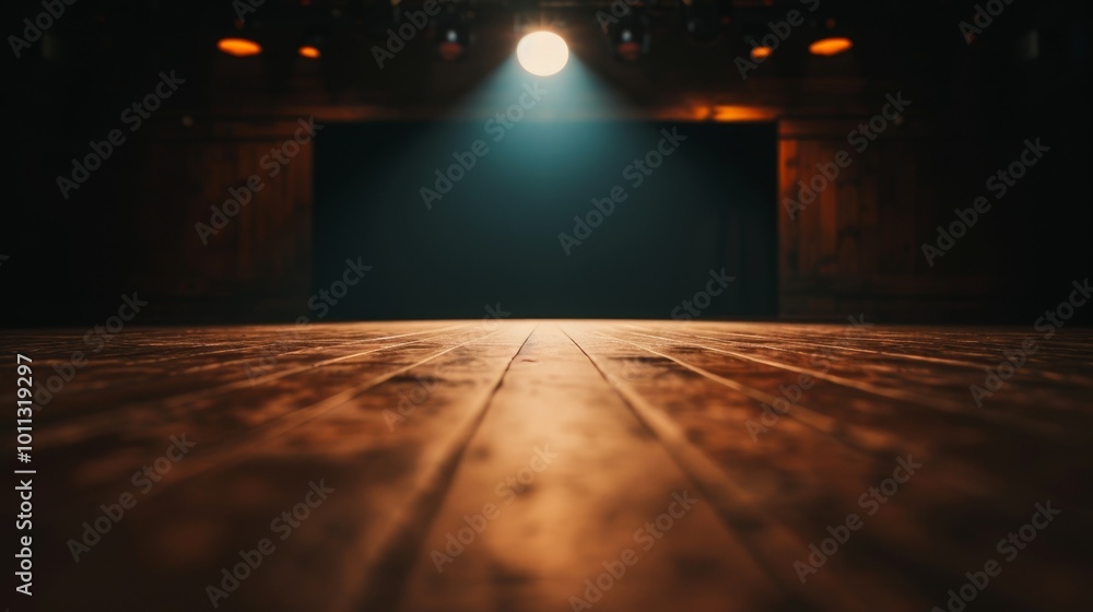 Poster Empty wooden stage illuminated by a spotlight. Dramatic lighting and rustic wood create a captivating backdrop for performance or product display.