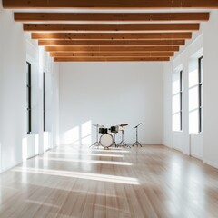Fototapeta premium Empty white room with wooden floor and windows, a drum set in the middle. Sunlight streams through the windows.