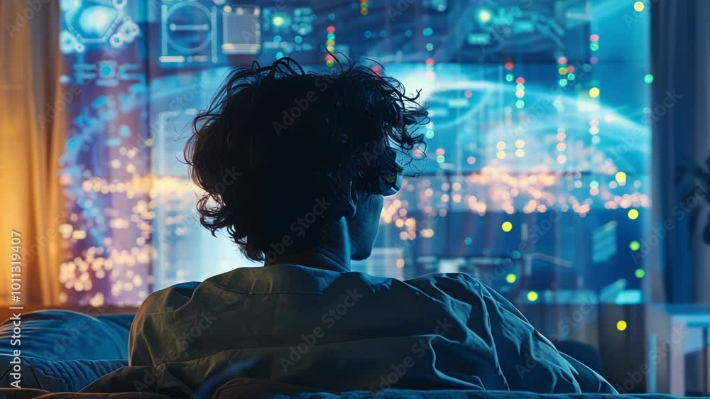 Poster scientist in a lab coat sits on a couch, examining a brain scan on a futuristic screen in a modern l