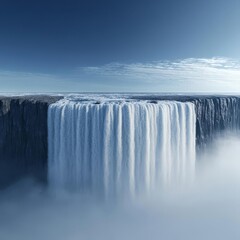 Towering waterfall with dramatic cliffs, mist rising, 3D illustration