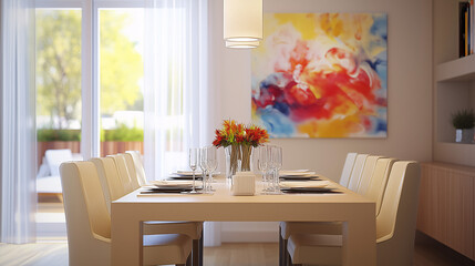 Clean, modern dining area with a light beige table and matching chairs. A bold art piece--a colorful abstract painting--leans on the table as a creative and striking centerpiece