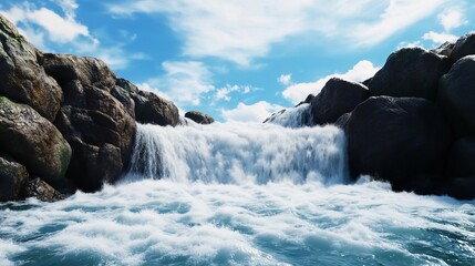 Waterfall in wild nature, rugged rocks and forceful water, 3D illustration