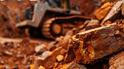 Close-up of a pile of broken rocks with a bulldozer in the background.