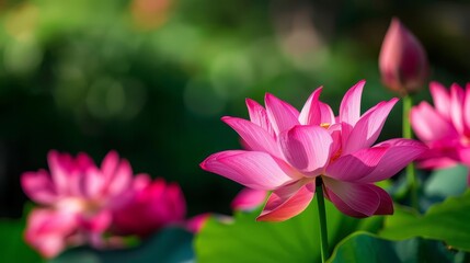 Obraz premium Pink lotus flower blooming in a pond with green leaves