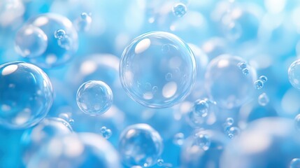 Abstract background with floating transparent bubbles on a light blue background.