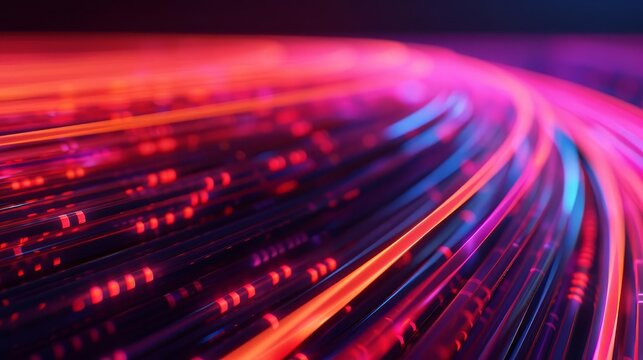 Abstract digital background with glowing lines and dots in red and blue.