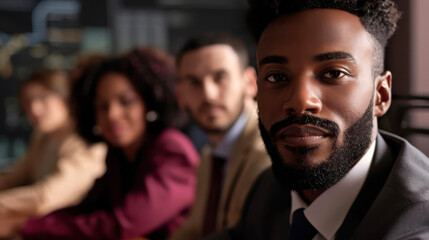 Obraz premium Diverse group of business professionals in a meeting room, looking at the camera.