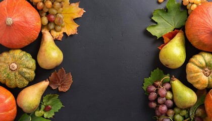 beautiful assortment of autumn fruits accompanied by colorful autumn leaves