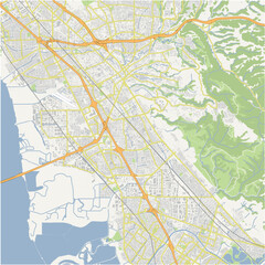 Map of Hayward in California in a normal road map style. Contains layered vector with roads water, parks, etc.