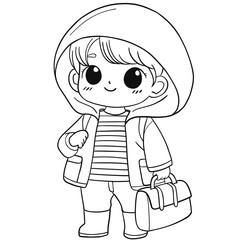 Boy in raincoat hand drawing outline