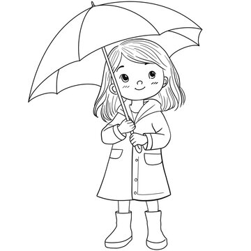 recommend clip art: Girl in rain caught with umbrella hand drawing outline