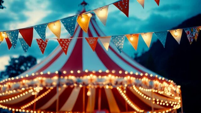 
A vibrant and playful circus scene featuring a colorful striped tent adorned with festive pennants. Magical lights twinkle, creating an enchanting atmosphere that evokes nostalgia and joy.