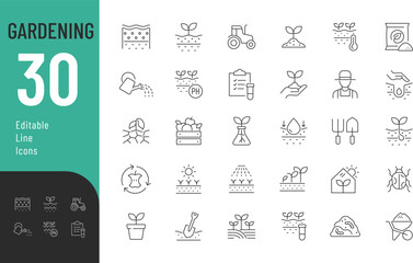 Gardening Line Editable Icons set. Vector illustration in modern thin line style of horticultural icons: soil quality, care and stages of plant cultivation, and more. Pictograms and infographics for 