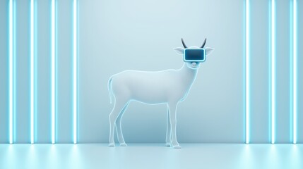 Obraz premium A futuristic cow wearing virtual reality glasses, creating a surreal blend of nature and technology against a glowing blue backdrop.