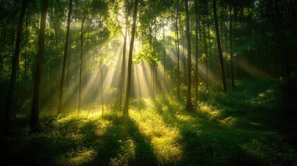 Obraz premium A bright sunlight beam filtering through the trees in a dense forest, casting shadows and light patterns on the forest floor.