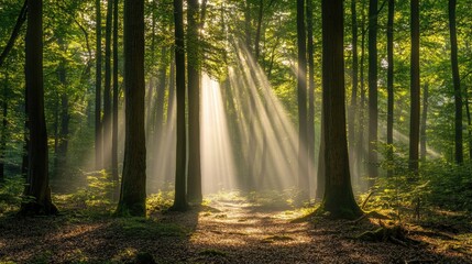 Obraz premium A bright sunlight beam filtering through the trees in a dense forest, casting shadows and light patterns on the forest floor.