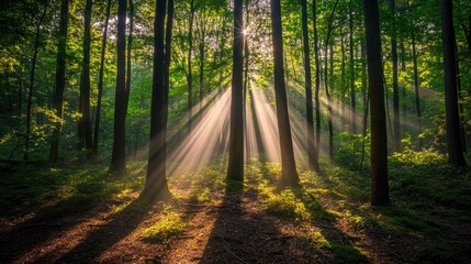 Fototapeta premium A bright sunlight beam filtering through the trees in a dense forest, casting shadows and light patterns on the forest floor.