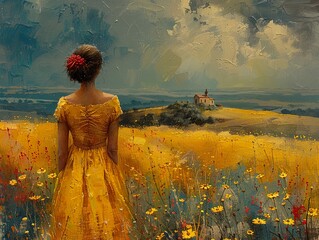 Woman in Yellow Dress Gazing at Church in Field