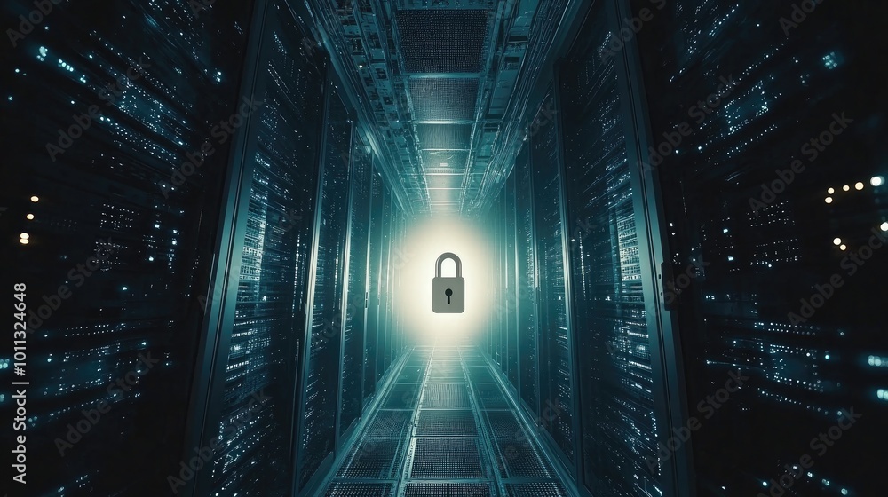 Poster a conceptual image showcasing a network of interconnected servers with a giant digital lock at the c