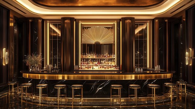 Majestic art deco bar with polished black marble counters and goldtrimmed stools, warm backlighting creates a glowing ambiance, frontfacing low angle