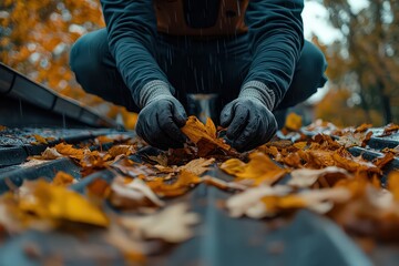 Person wearing gloves collecting wet autumn leaves from a roof, focusing on seasonal outdoor maintenance and home care during the rainy fall season.