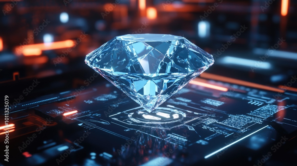 Poster a futuristic diamond hologram projected in a digital interface, representing wealth and luxury in th
