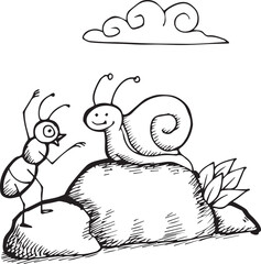 Ants and snails are chatting in fable story hand drawn sketch. illustration of ant and the grasshopper fairy tale