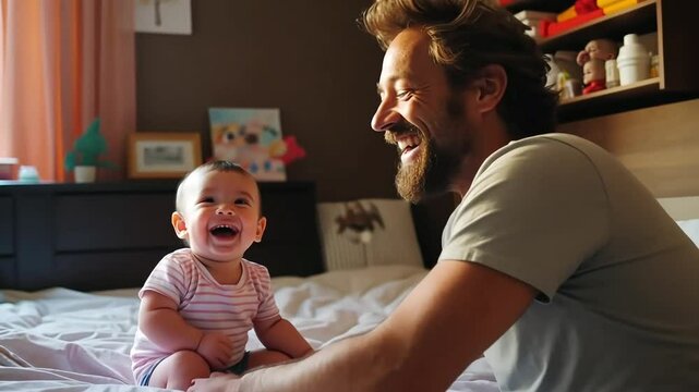 Father and Baby Laughter: A heartwarming moment of pure joy between a dad and his adorable baby, sharing a tender laugh on a cozy bed. Pure, unconditional love shines through in this candid.