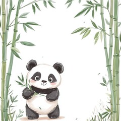 Cute panda bear holding bamboo shoots surrounded by bamboo plants.