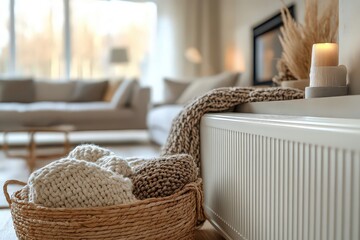 Fototapeta premium Slimline white radiator mounted against the wall of a cozy living room, its minimalist design enhancing the room’s modern and comfortable atmosphere.