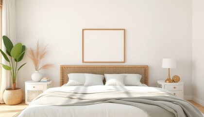 Tranquil 3D-rendered bedroom interior featuring soft lighting, minimalist design elements, and a cozy ambiance.