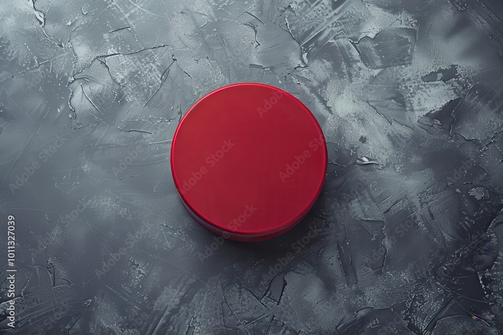 Poster round red object on a textured grey surface in a minimalist setting