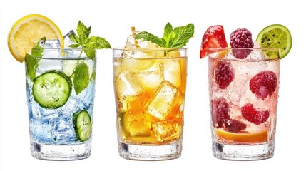 Close-up of three distinct glasses with colorful drinks, showcasing the ice, fruit slices, and garnishes, isolated on white background in transparent PNG format.
