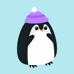 Girl penguin with purple hat on blue background. Cute flat penguin design for cards, greeting cards and children's illustrations in flat style
