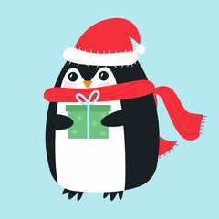A penguin in a red hat and scarf, holding a Christmas present. Cute flat penguin design for greeting cards, greeting cards and children's illustrations in flat style