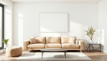 Sleek and modern living space exudes tranquility with minimalist decor, featuring neutral tones and stylish furnishings that harmoniously blend form and function.