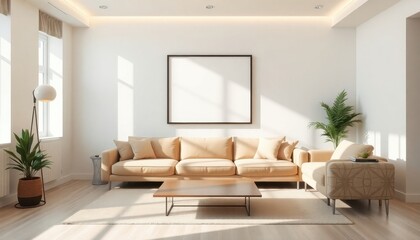 Fototapeta premium Modern living room bathed in natural light, featuring sleek furniture and minimalist decor, creating a serene and inviting atmosphere.