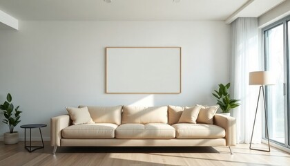 Serene Modern Living Room: Minimalist elegance with cozy accents, featuring sleek furniture and warm lighting.