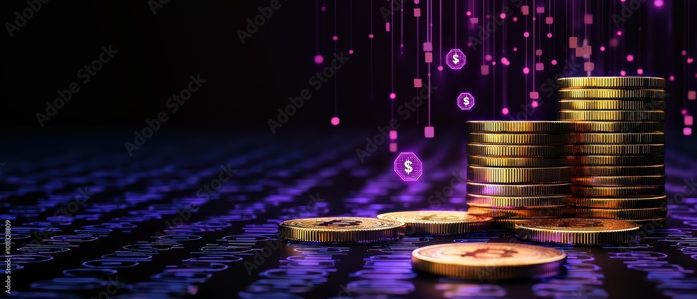 Poster digital coins stacked on a surface, with glowing currency symbols above, representing modern currenc